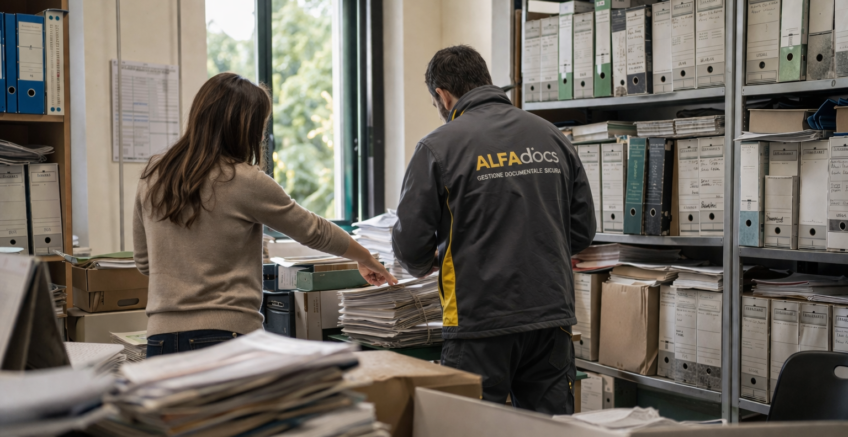 donna indica all'uomo quali documenti devono essere messi da parte